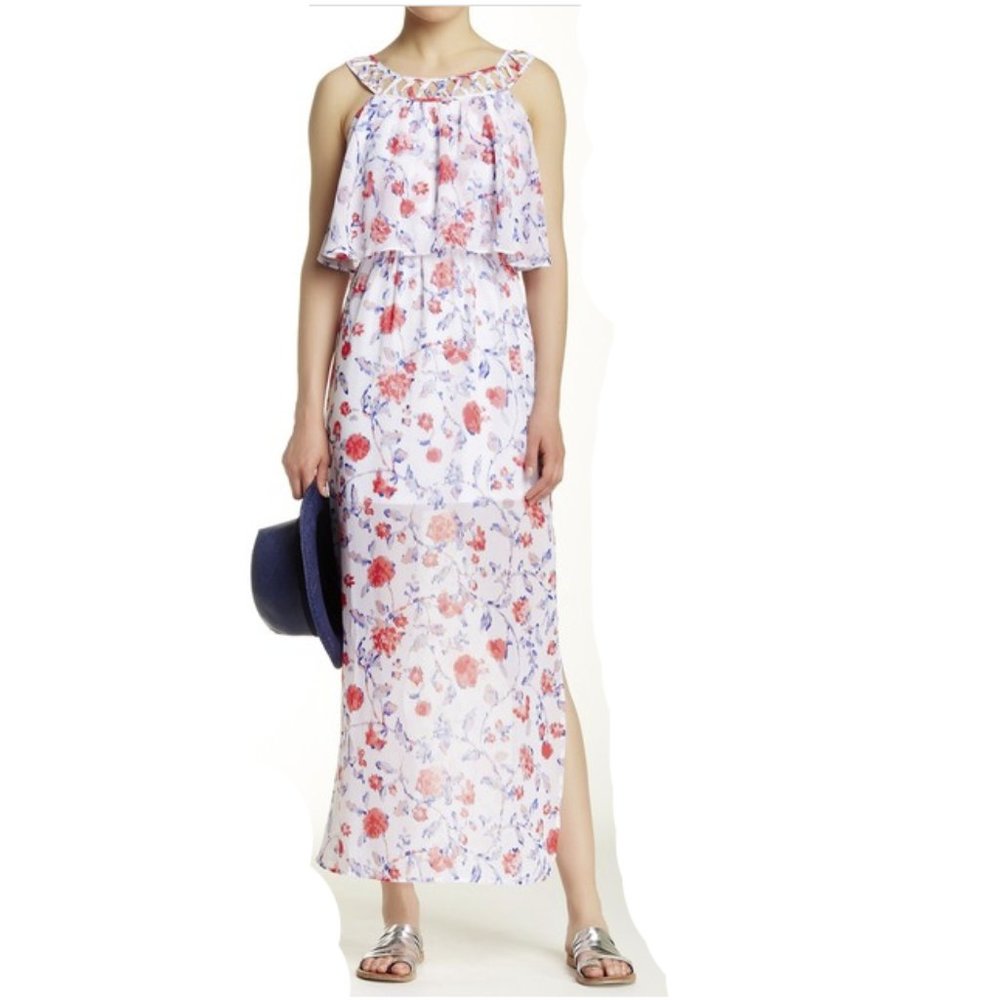 Want & Need Floral Lattice Popover Maxi Dress XS